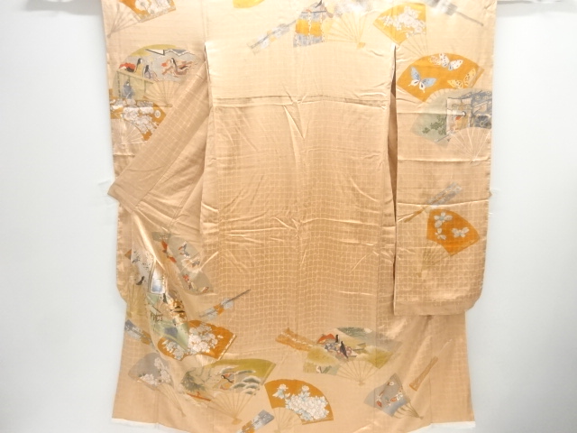 JAPANESE KIMONO / UNUSED FURISODE / SILK / EMBROIDERY / FOLDING FAN & THE TALES OF GENJI